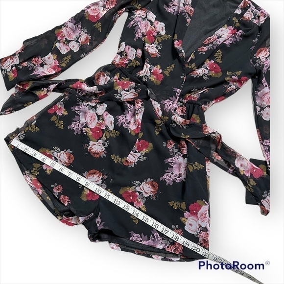 Tobi chiffon floral print faux wrap romper, long slit sleeve, lined, XS - Picture 8 of 12